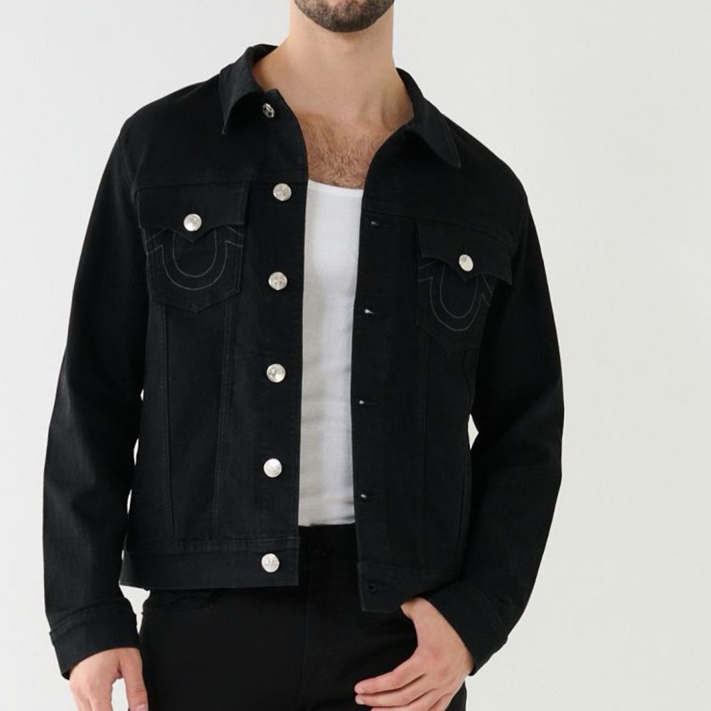 True Religion Stretch Garment Washed LS Denim Trucker Jacket - Black Rinse